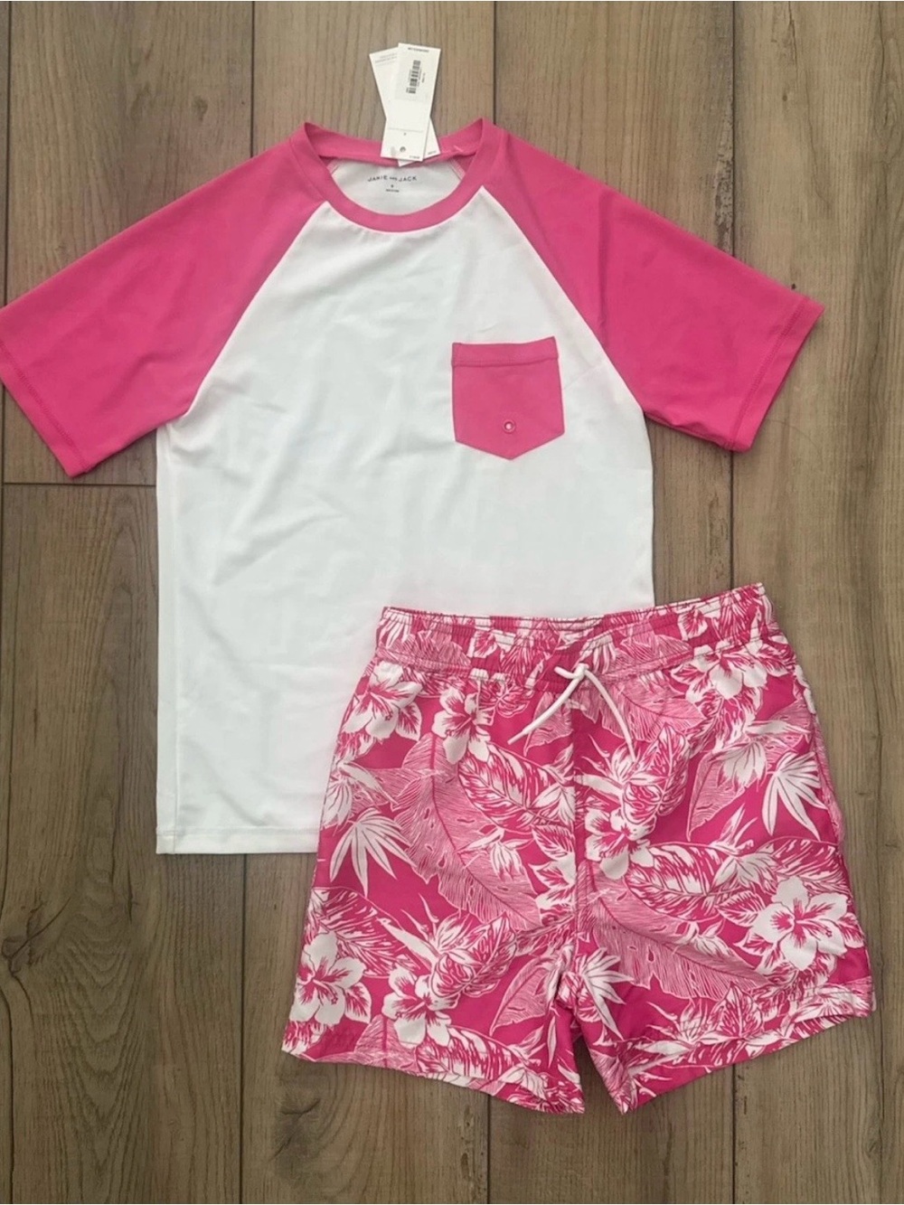 Janie and Jack White Rash Guard with Bright Pink Floral Swim Shorts
